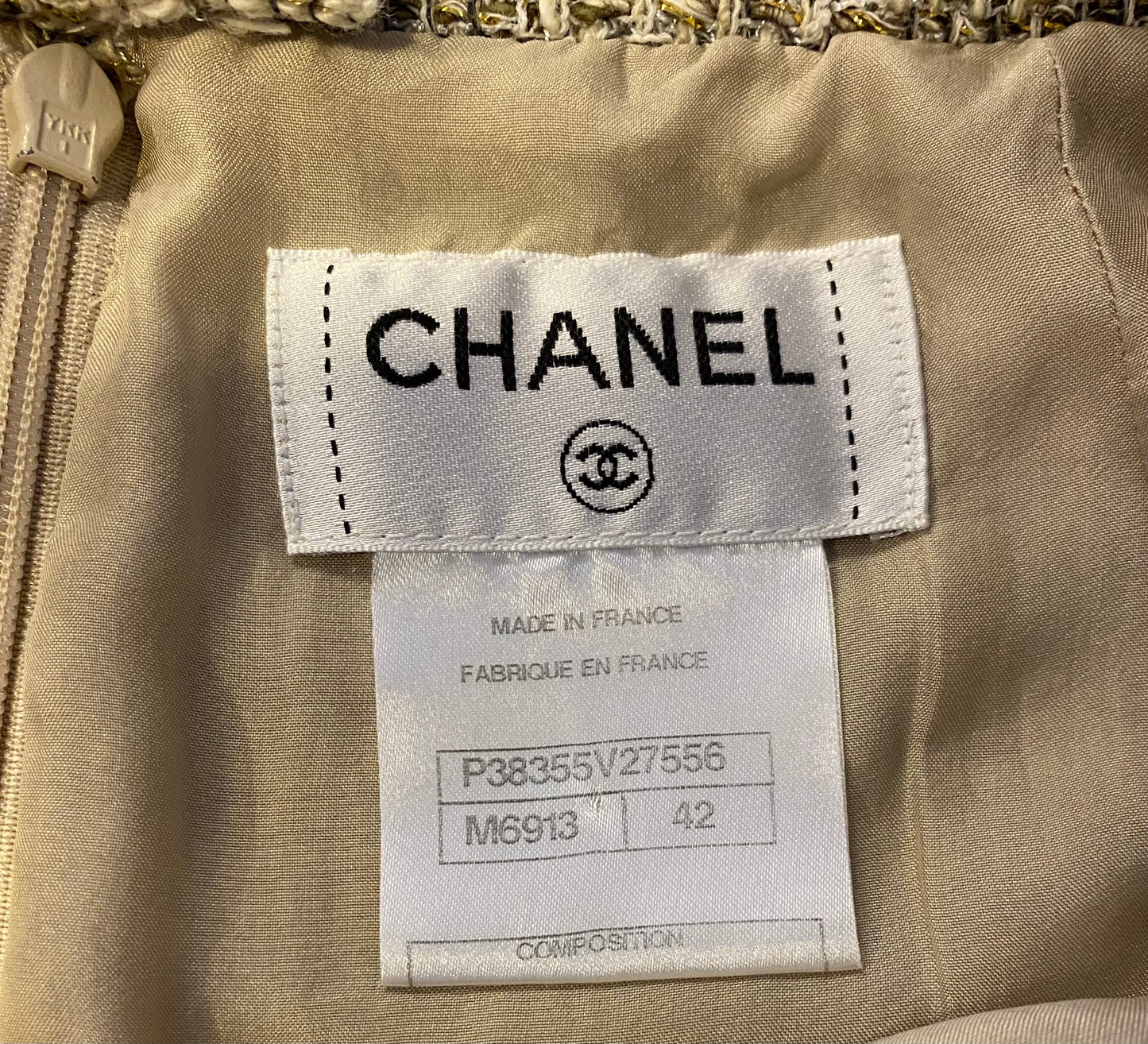 Chanel 10P Fantasy Tweed Skirt Beige Metallic Gold FR 42