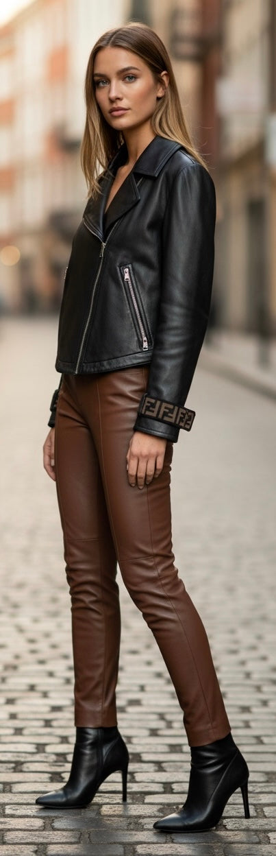 Fendi Black Leather Zucca Velvet Trim Biker Jacket IT 40