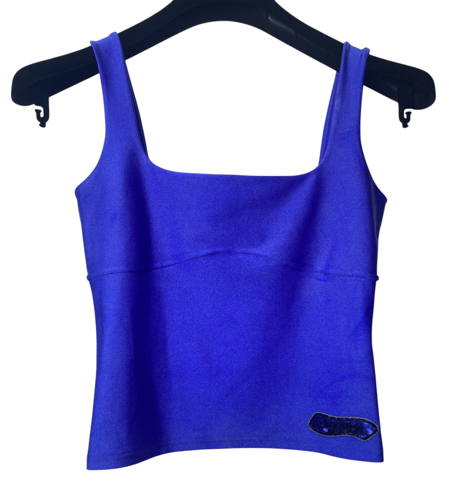 Chanel 21A Runway Royal Blue Sequin Logo Cropped Top Blouse FR 38