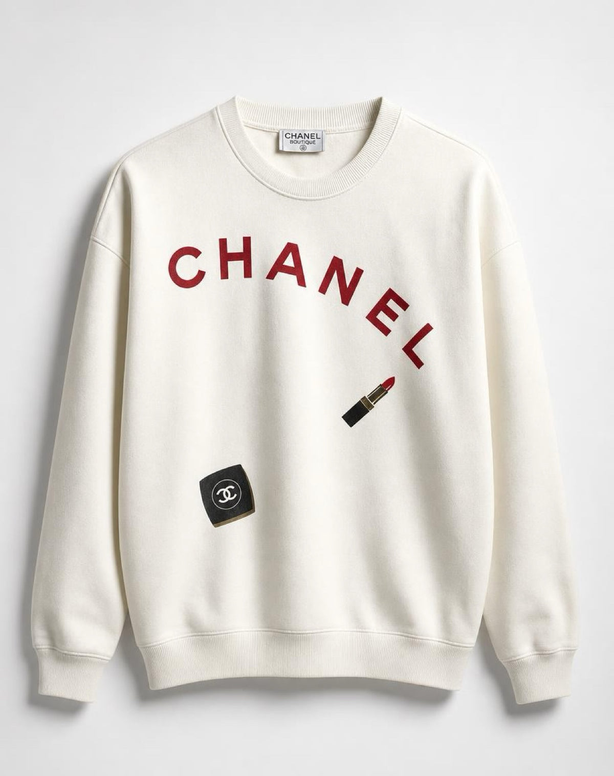 Rare Vintage Chanel White Makeup Lipstick Logo Sweater Size L/XL