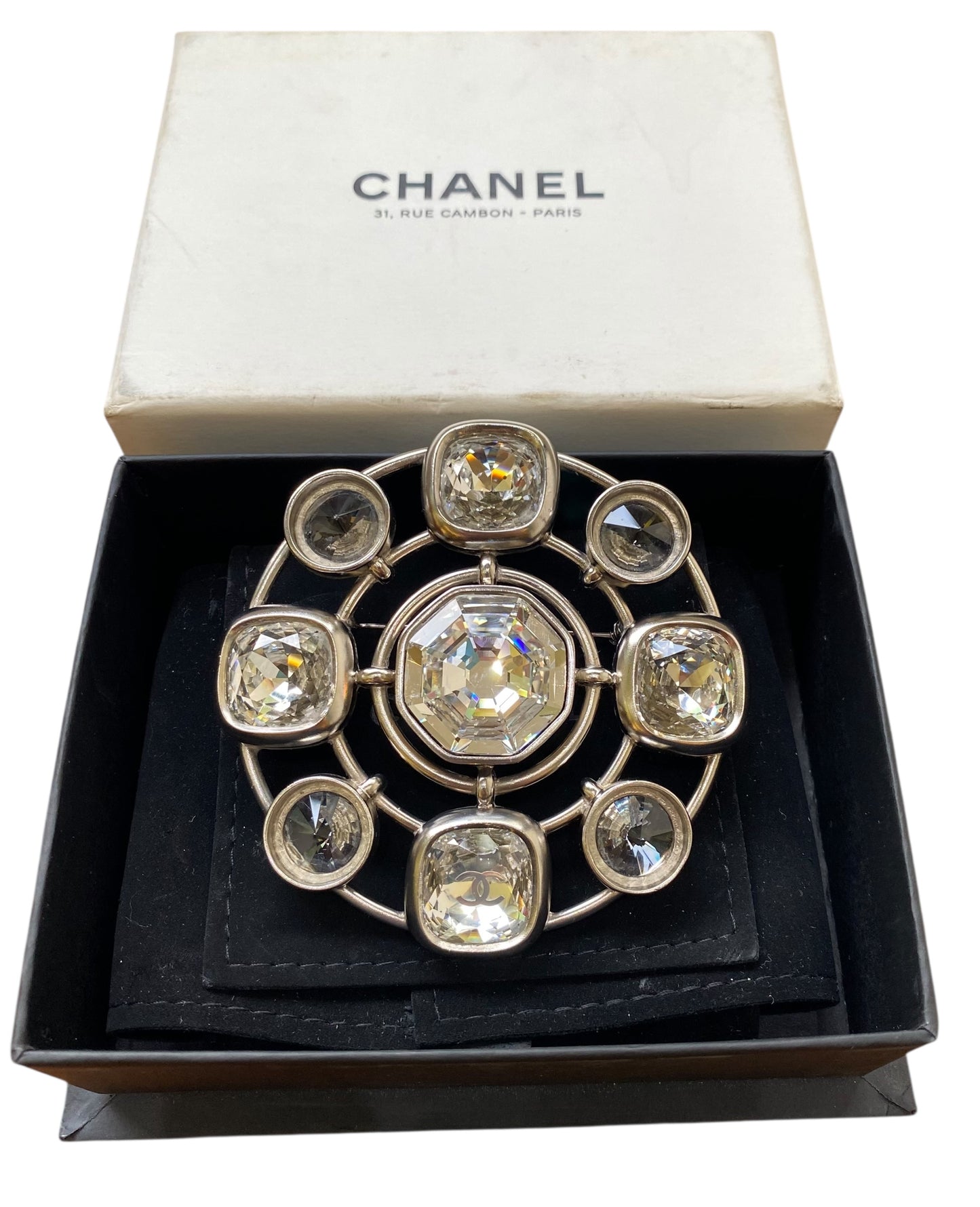 Chanel 17A Runway XL Round Swarovski Crystal Silver Brooch