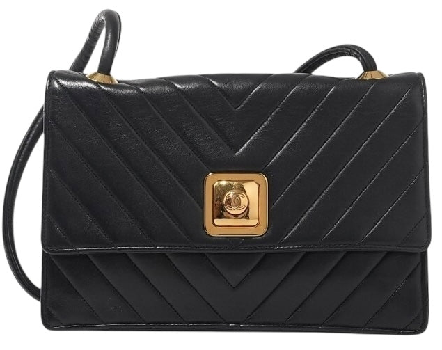 Vintage Chanel 90’s Medium Black Chevron Lambskin Crossbody Flap Bag 24K GHW