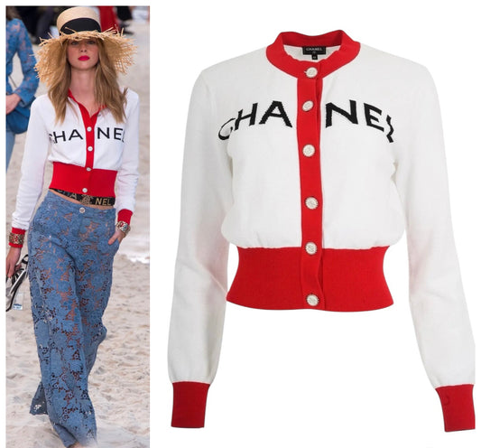 Chanel 19S Iconic White Red Cropped Cardigan Sweater FR 38