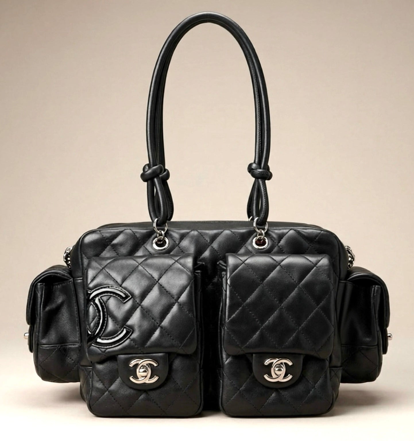 Chanel 2005 Small Cambon Reporter Black Lambskin Handbag SHW