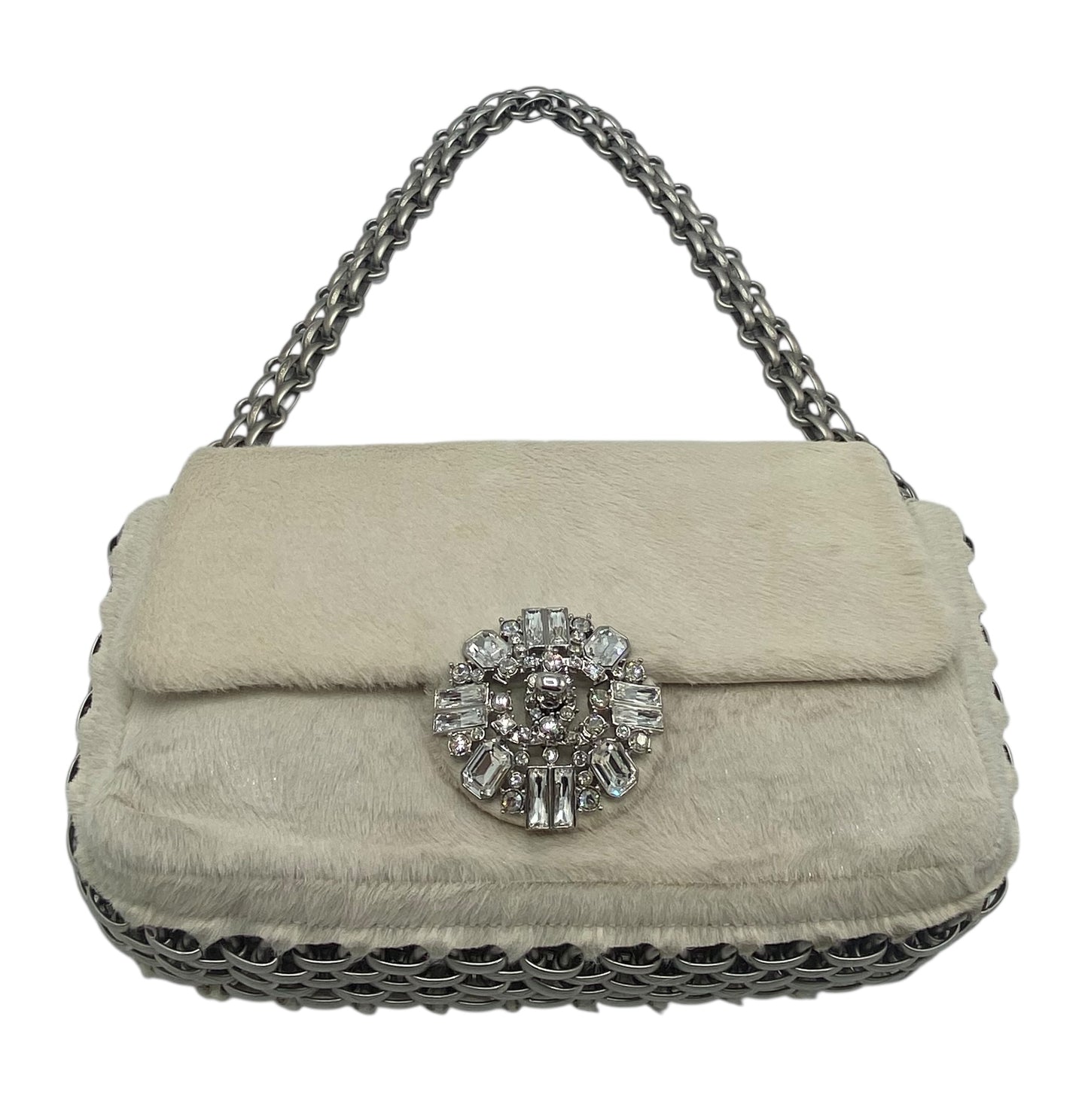 Rare Chanel White Shimmer Pony Hair Swarovski Crystal Chain Around Classic Medium Flap Bag