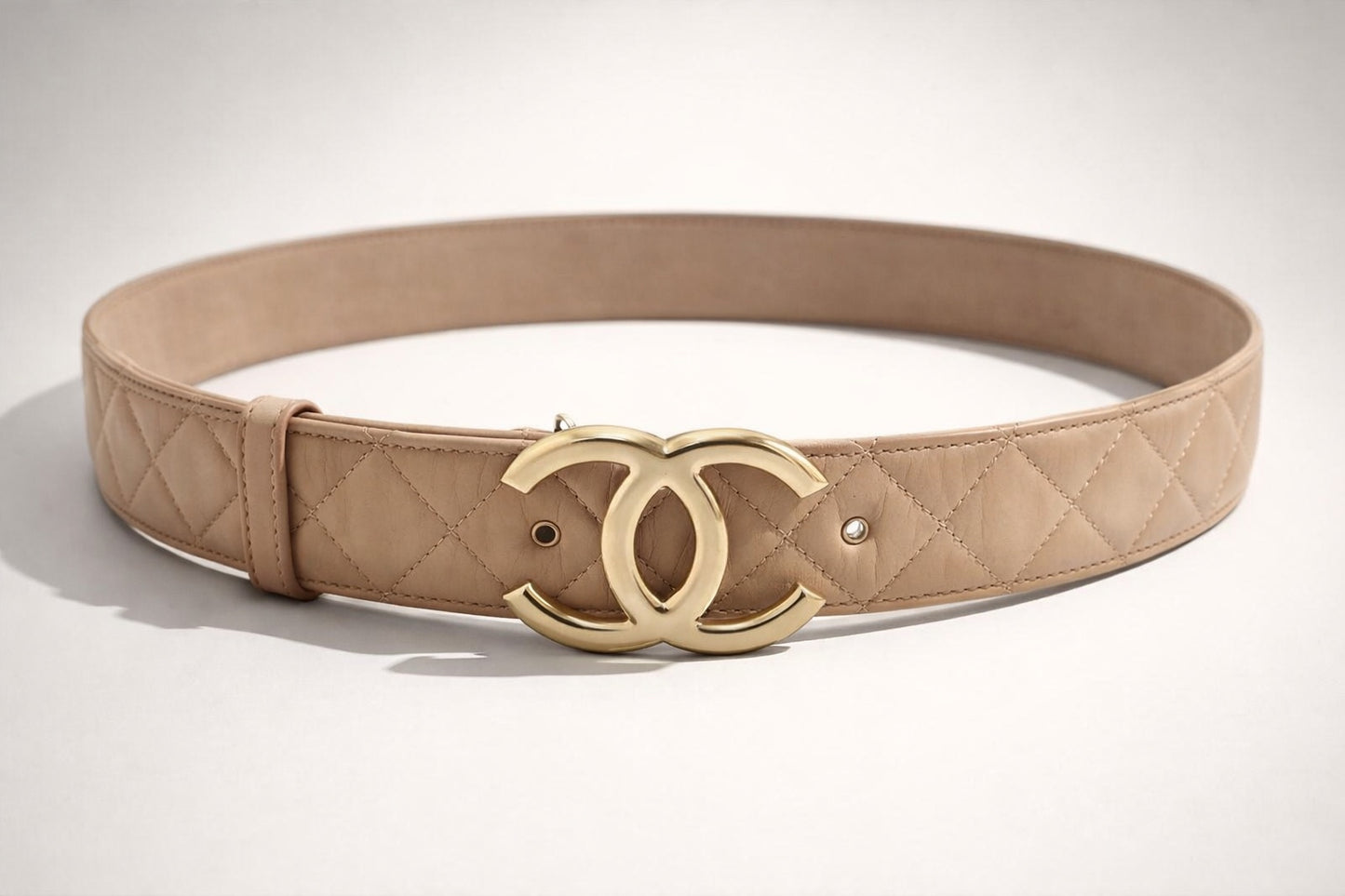 Chanel 14C Beige & Gold CC Buckle Quilted Lambskin Belt Size 85/34