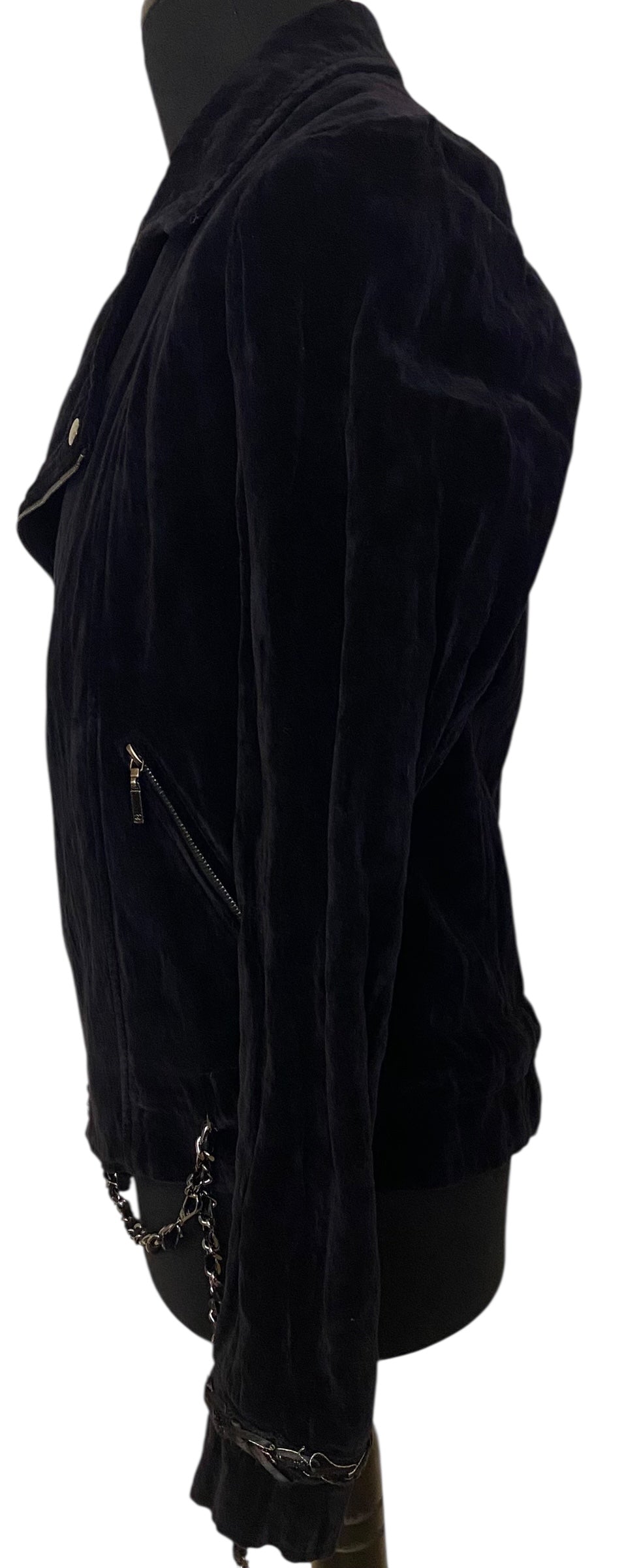 Chanel 06A Black Washed Velvet Bomber Biker Jacket Removable Chain Link Belt FR 48