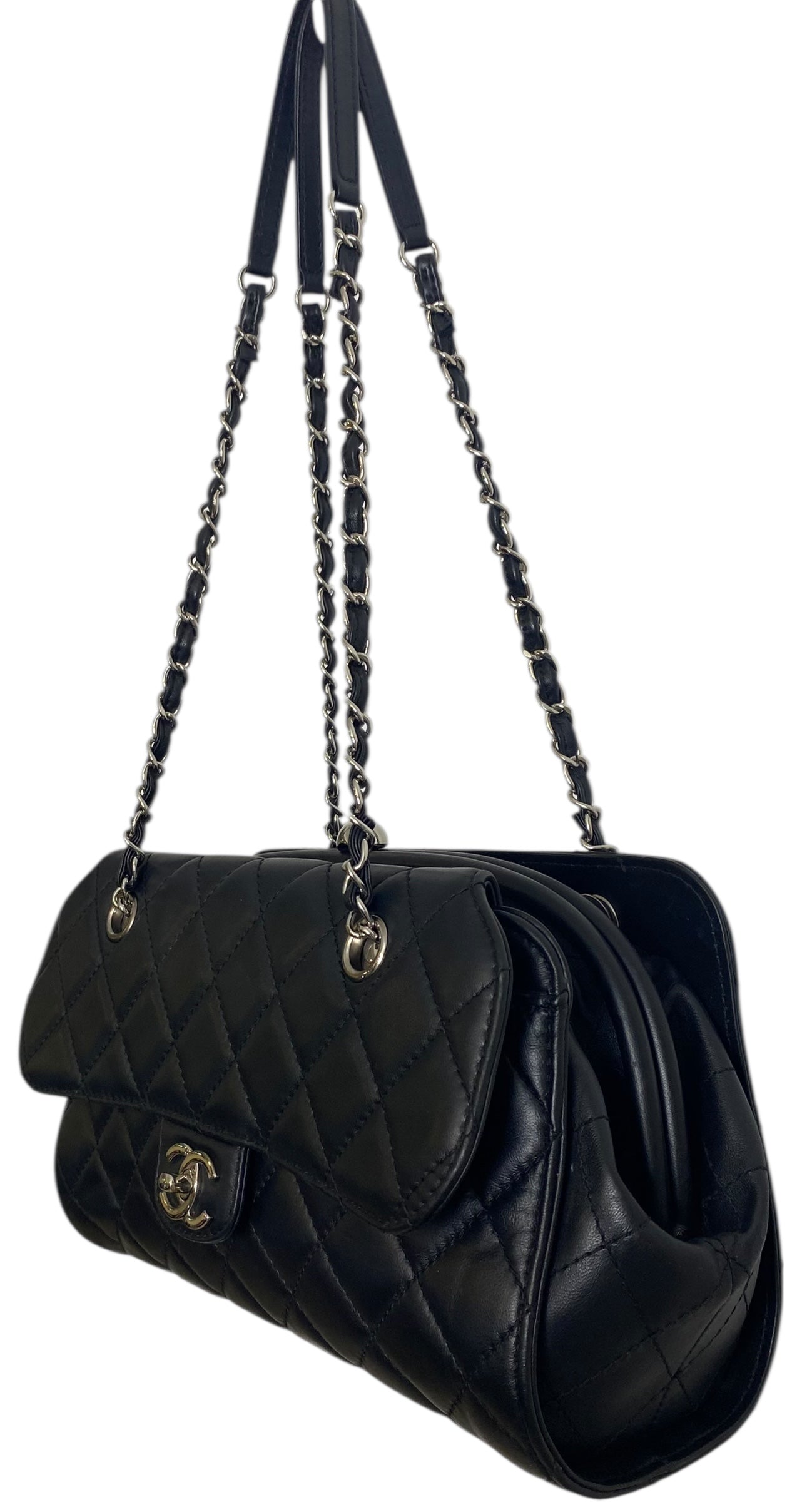 Chanel Classic Black CC Kisslock Lambskin Frame Compartment Bag