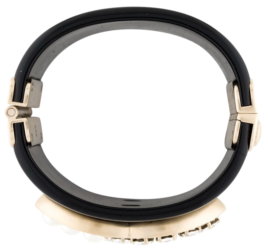 Chanel Iconic 14B Crystal & Pearl CC Wide Black Cuff Bracelet GHW