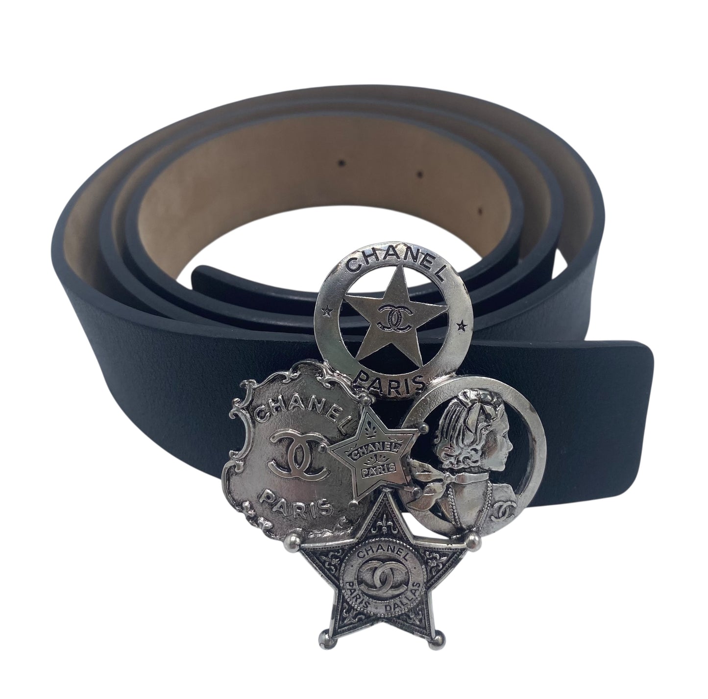 Chanel 14A Paris Dallas Black Leather Belt Size 95/38