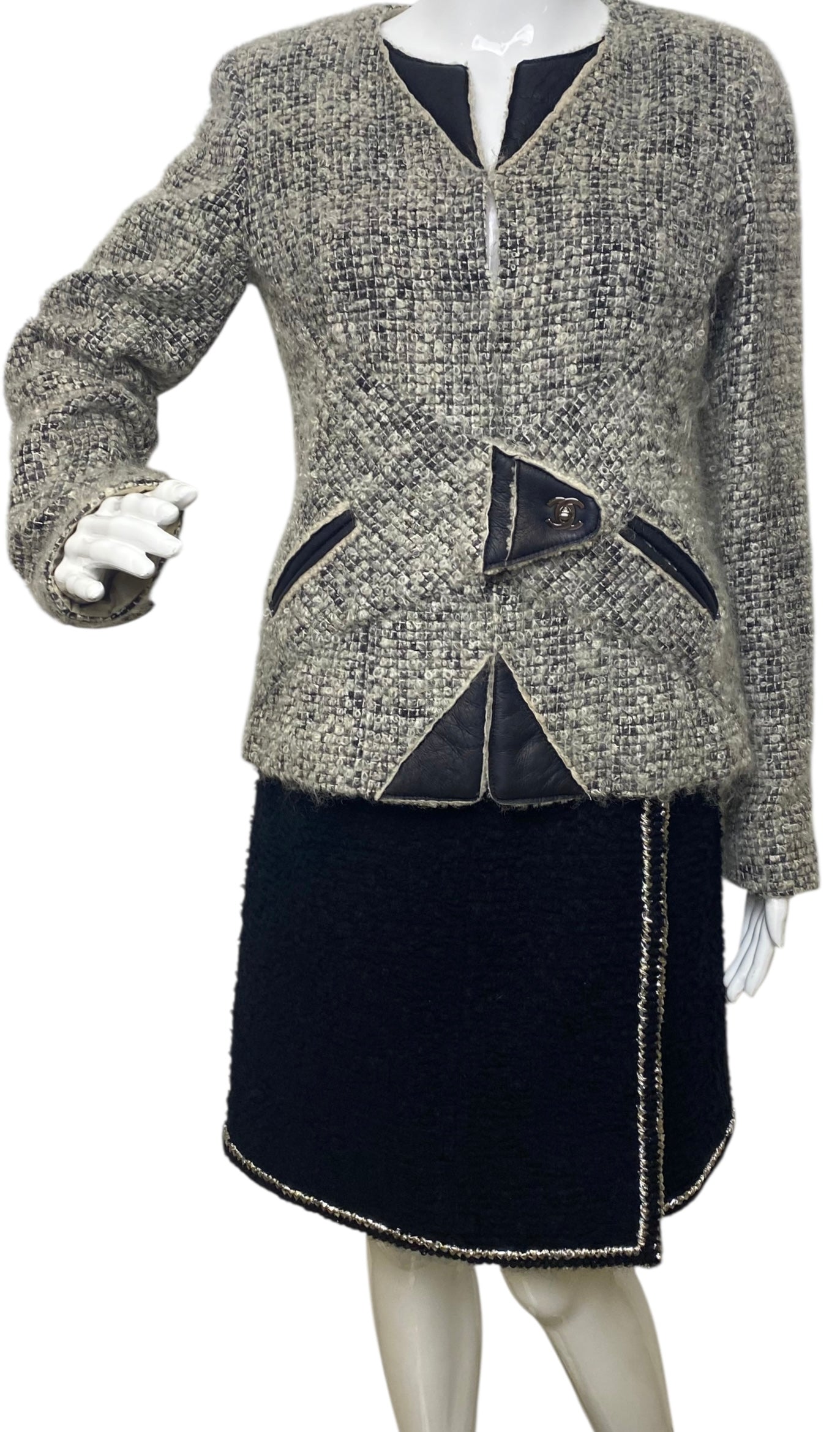 Chanel 10A Shanghai Shearling Tweed CC Grey Black Leather Trim Jacket Coat FR 36