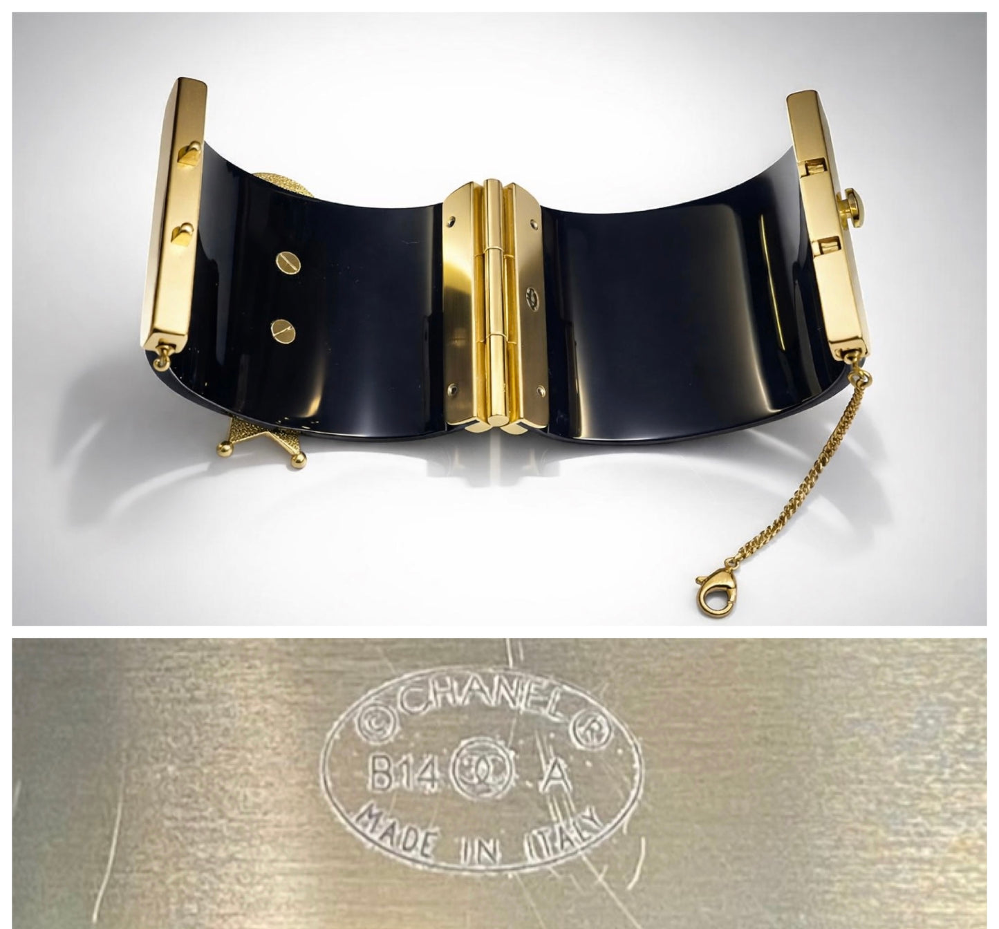 Rare Chanel 14A Paris Dallas Black Gold Wide Statement Cuff Bracelet