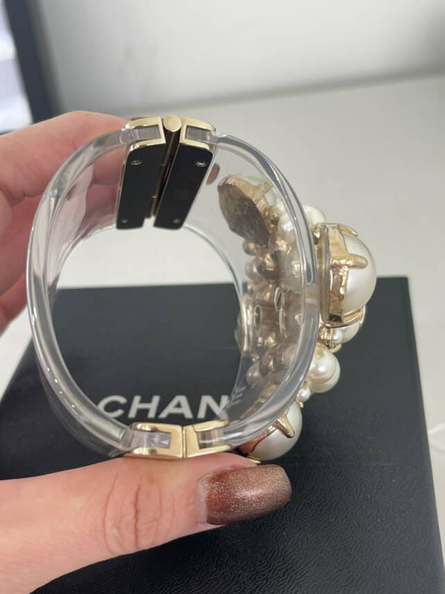 Rare Chanel 13S CC Pearl Medallion Clear Resin Cuff Bracelet