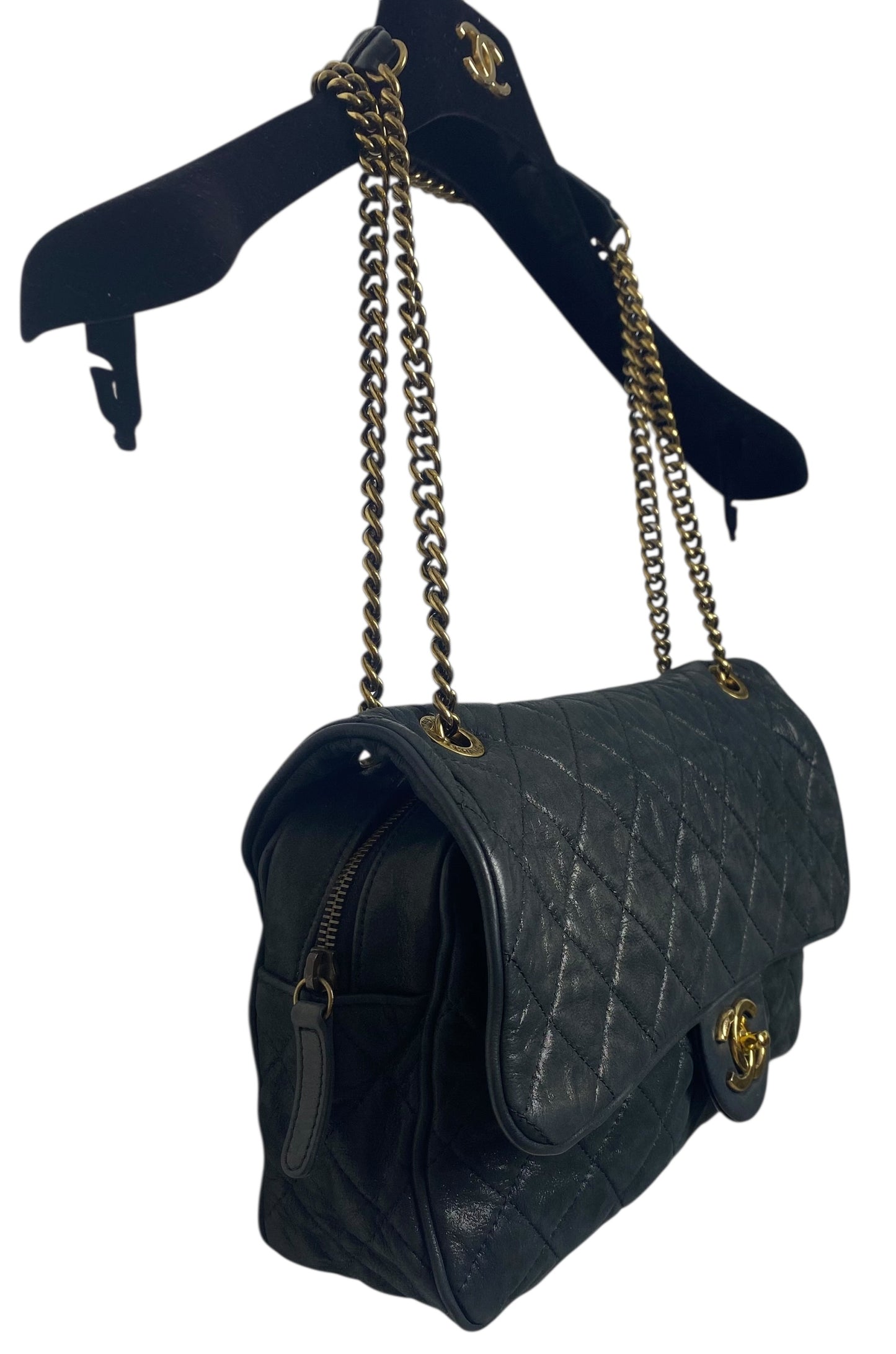 Chanel 2013 Black Quilted Iridescent Calfskin Shiva Jumbo Classic Flap Bag Gold Hardware