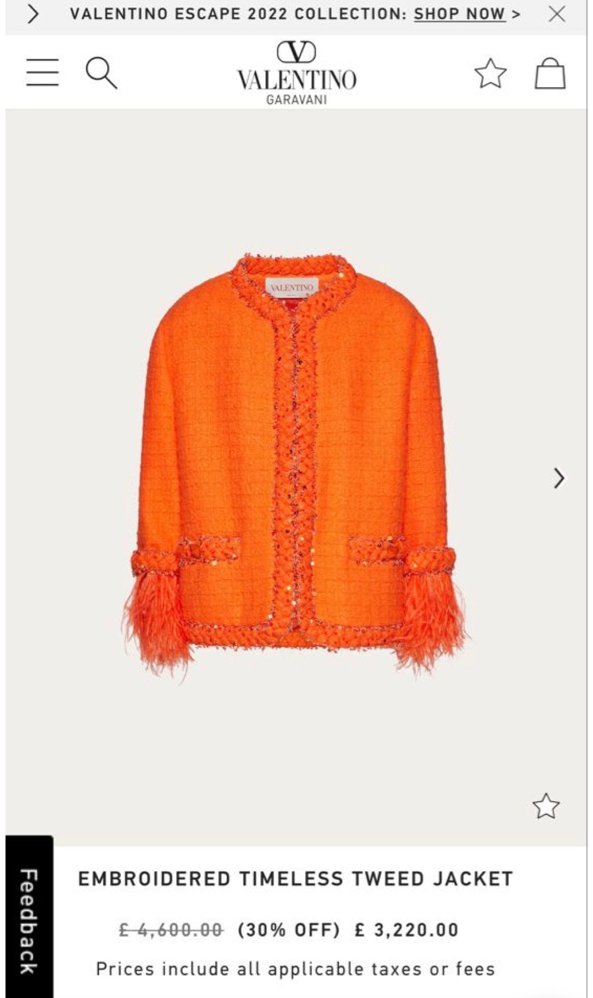 Valentino Orange Tweed Sequin Ostrich Feathers Jacket IT 38/40 US S/M