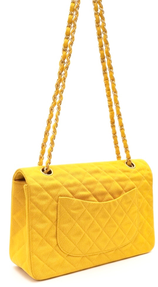 Vintage Chanel 1992 Yellow Denim Medium Classic Flap Bag 24K Gold Hardware