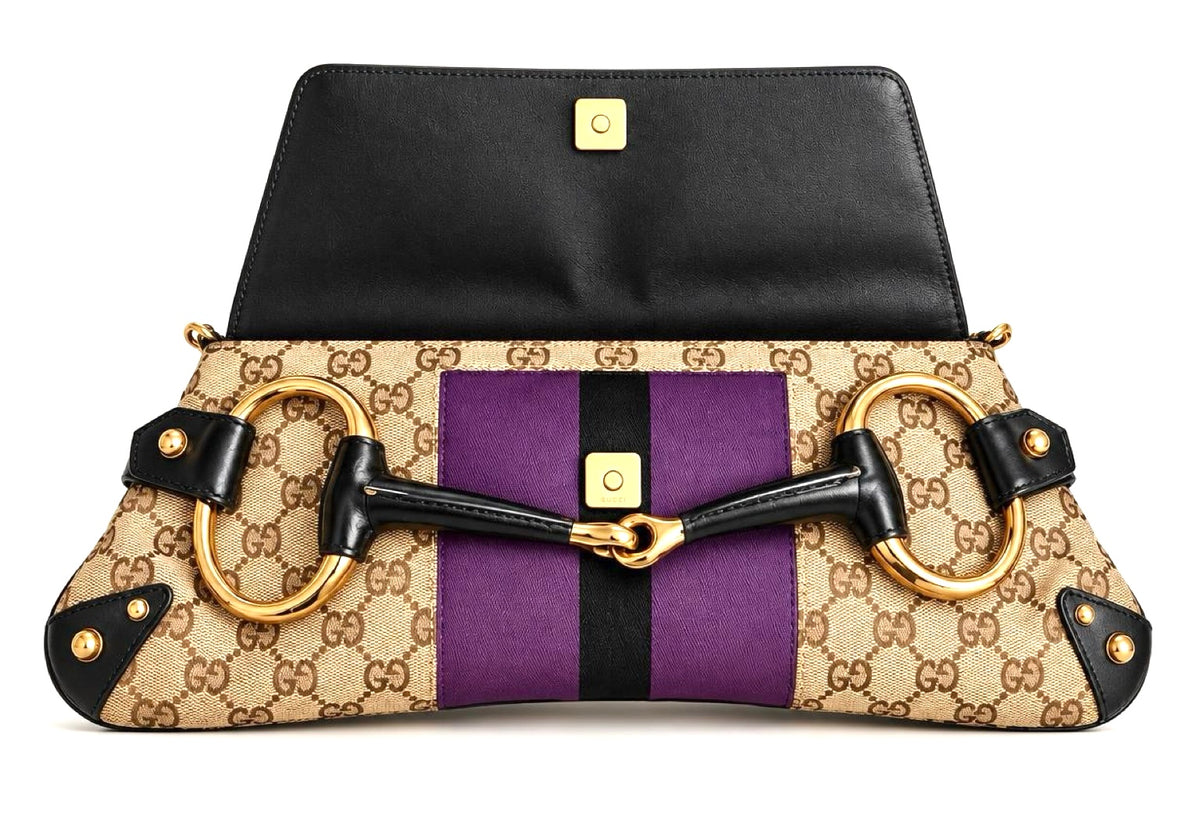 Gucci Large 1955 Tom Ford Classic Purple Black GG Monogram Horsebit Clutch Handbag GHW