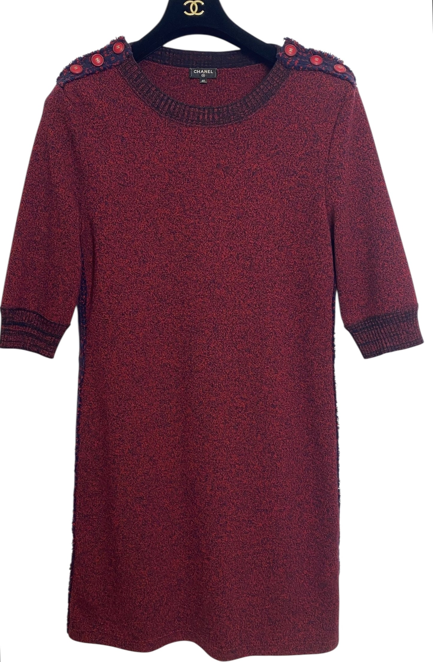 Chanel 2019 Burgundy Navy Wool Cashmere Tweed Trim CC Buttons Dress FR 40