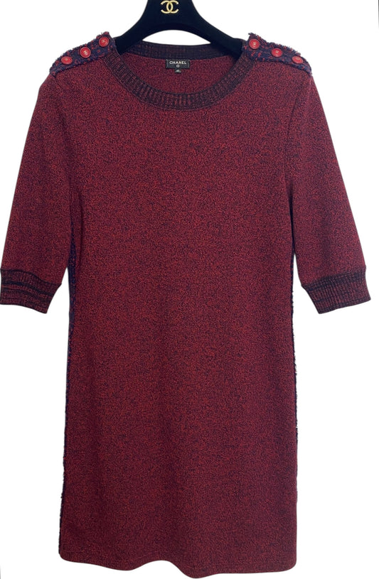 Chanel 2019 Burgundy Navy Wool Cashmere Tweed Trim CC Buttons Dress FR 40