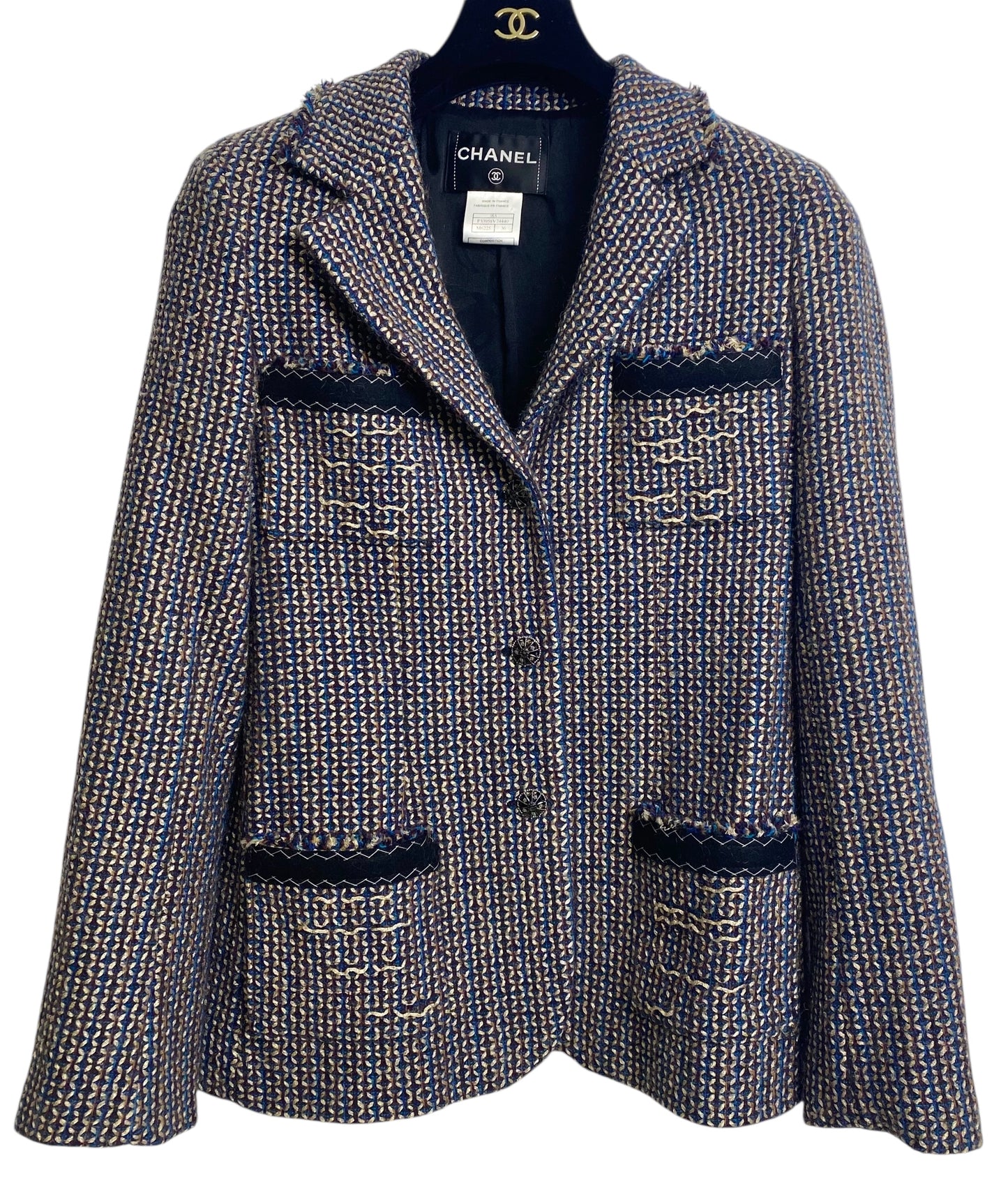 Rare Chanel 08A Runway Tweed Turquoise Blue Multicolor Gold Blazer Jacket FR 36