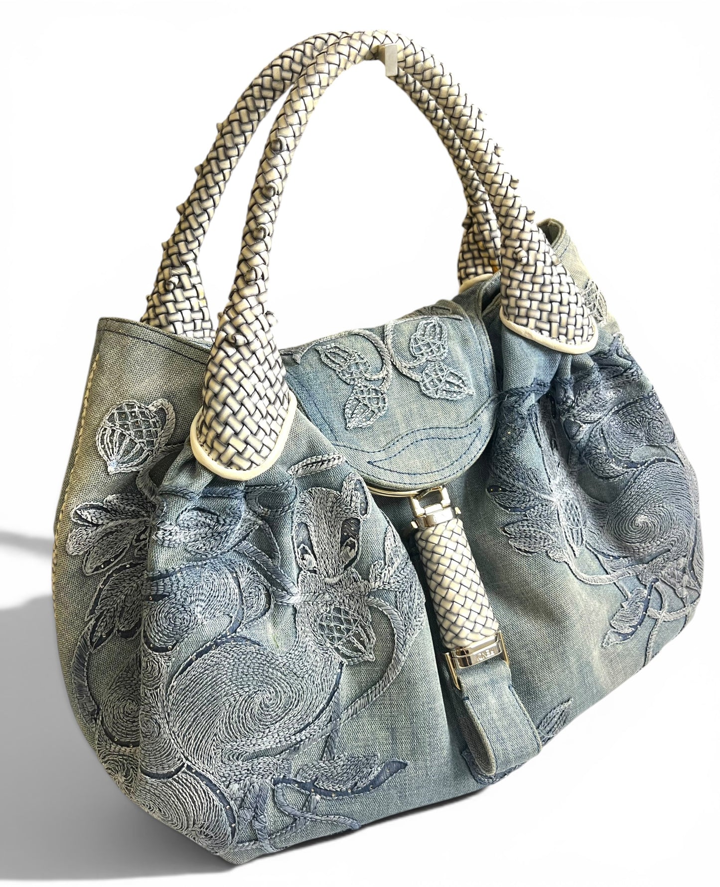 Vintage Fendi 2006 SS Limited Edition Blue Denim Squirrel Embroidered Spy Bag