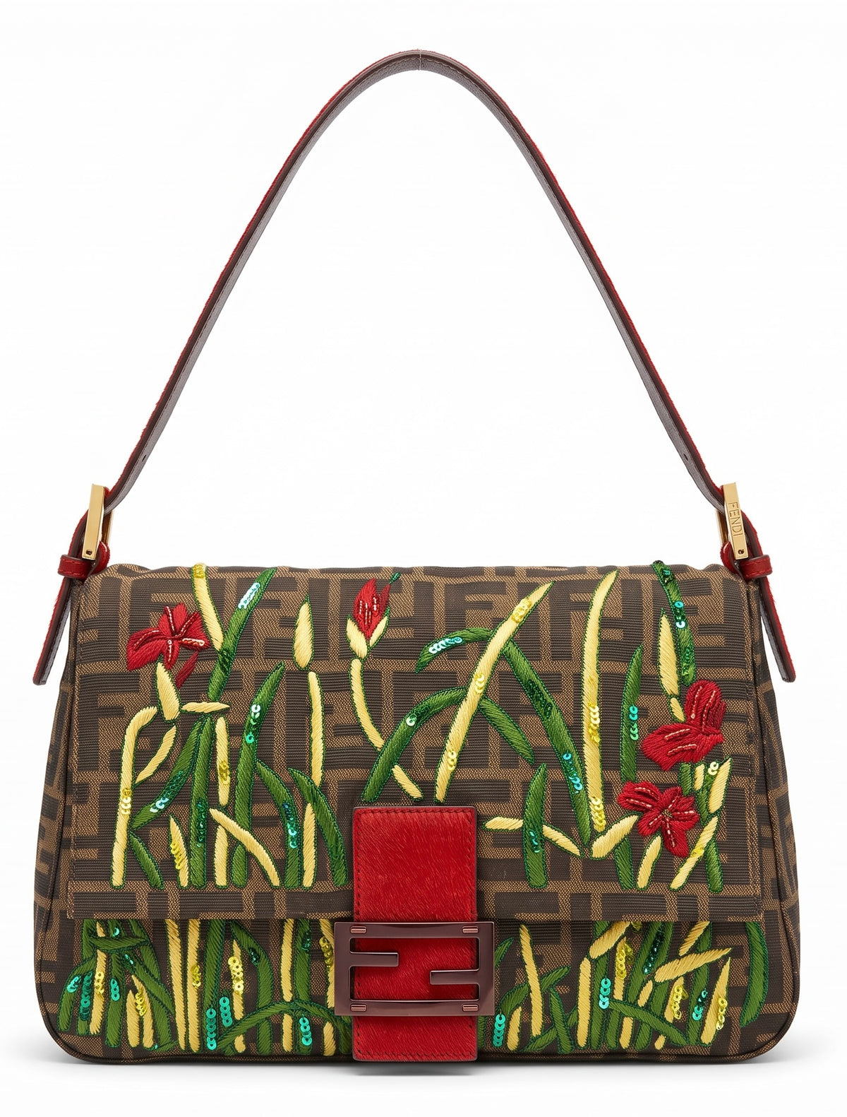 Vintage FENDI Garden Floral Embroidered Beaded Pony Hair Zucca FF Mamma Baguette Bag