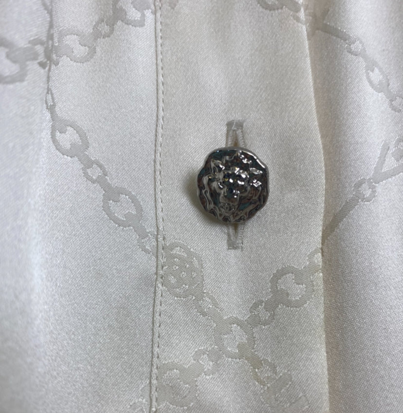 Chanel 22B Ecru Jacquard Silk CC Logo Velvet Bow Blouson Dress FR 40