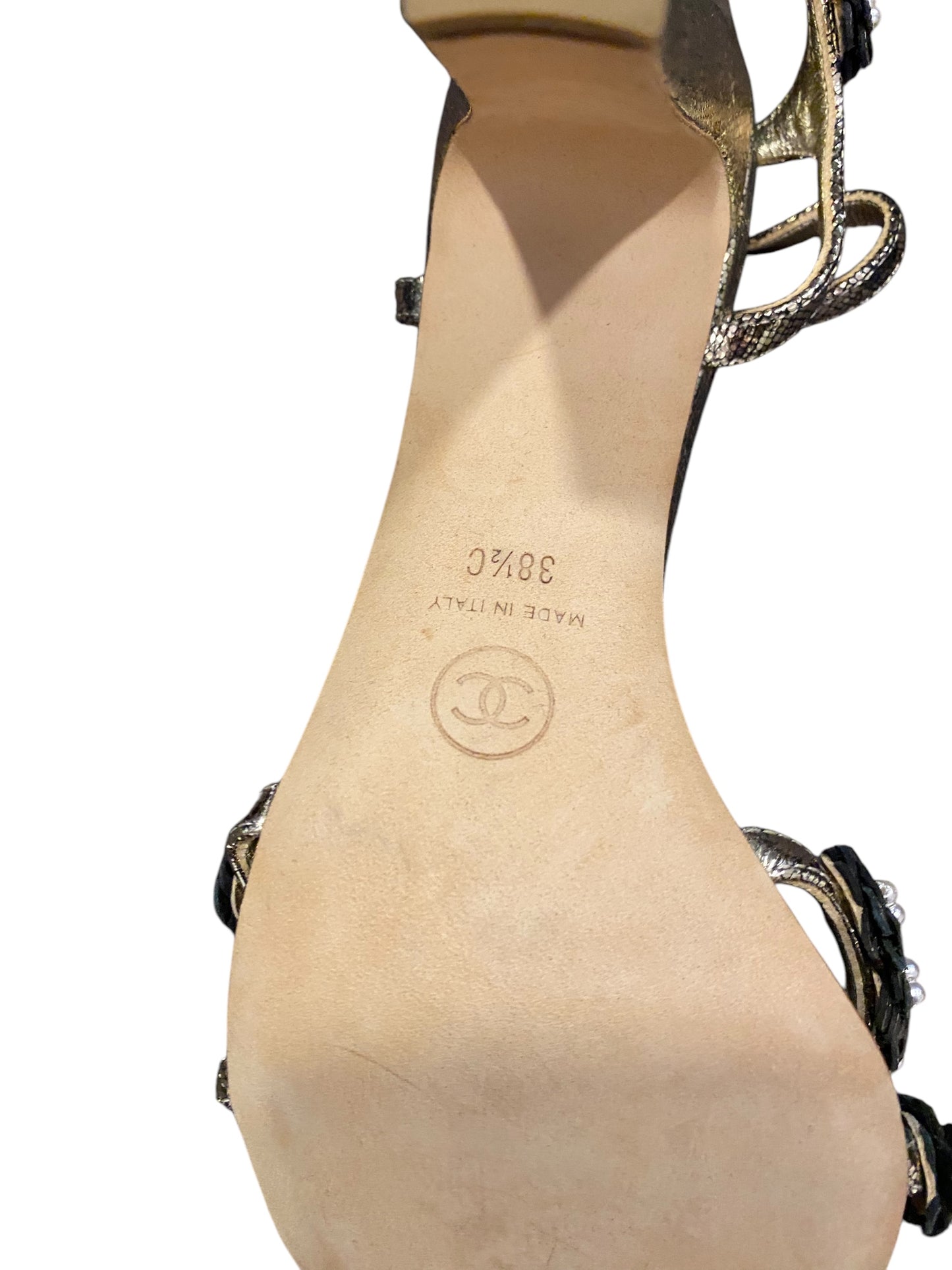 Chanel Gold Metallic Leather Camellia Pearl Sandals Heels EU 38.5C