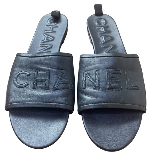 Chanel 2019 Black Leather Letters Logo Flat Slides EU 39.5