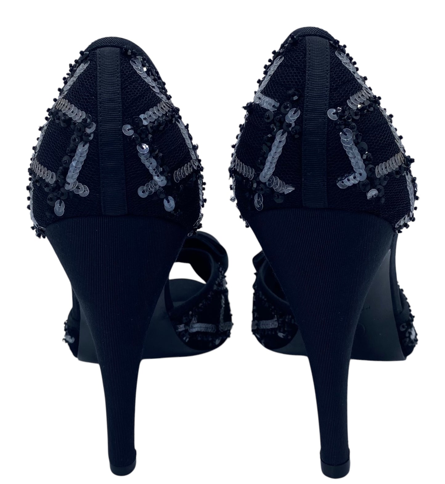 Chanel 09P Runway Black Sequin Bow CC Brooch Strap Heels Sandals EU 40