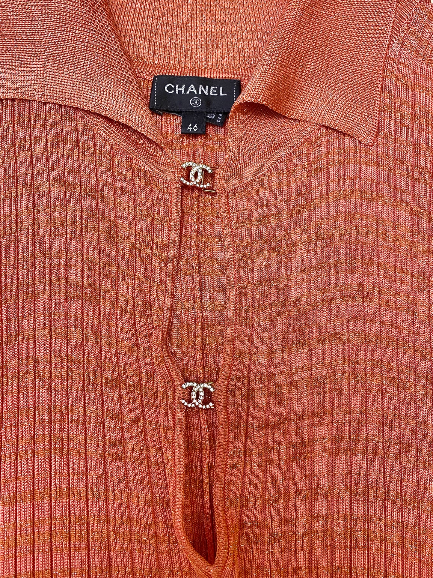 CHANEL 22P PINK CORAL ORANGE RIBBED METALLIC LUREX COLLARED MAXI DRESS FR 46