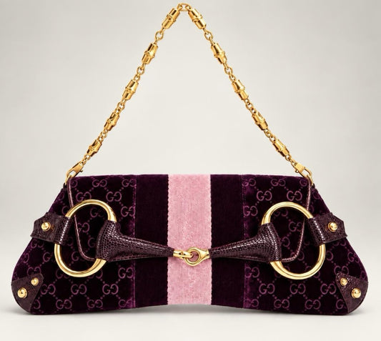 GUCCI Tom Ford XL Purple Velvet GG Exotic Lizard Trim Horsebit Clutch Bag