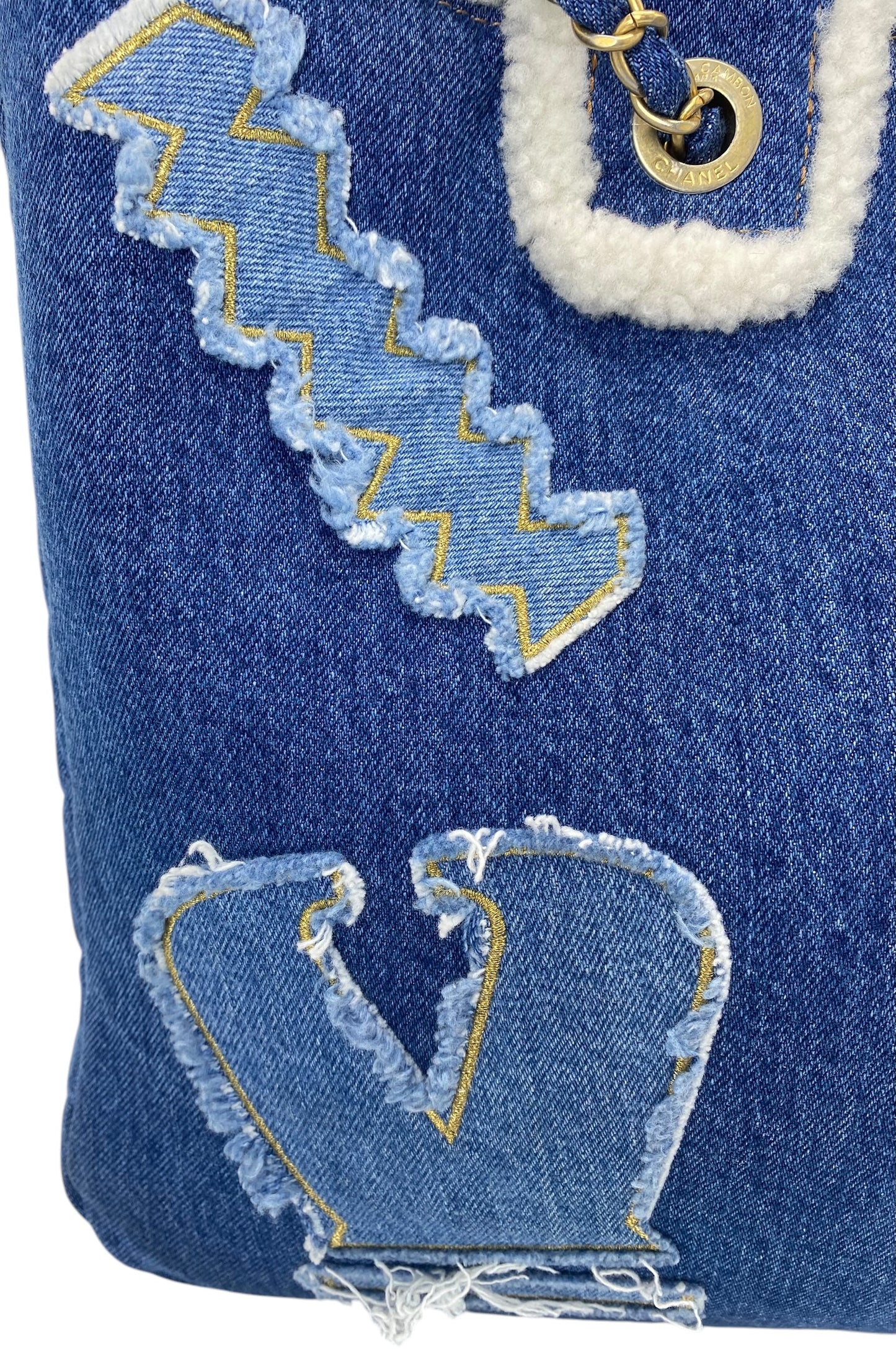 Chanel 19A Paris-New York Egypt Blue Denim & Shearling Hieroglyph Coco Shopping Tote
