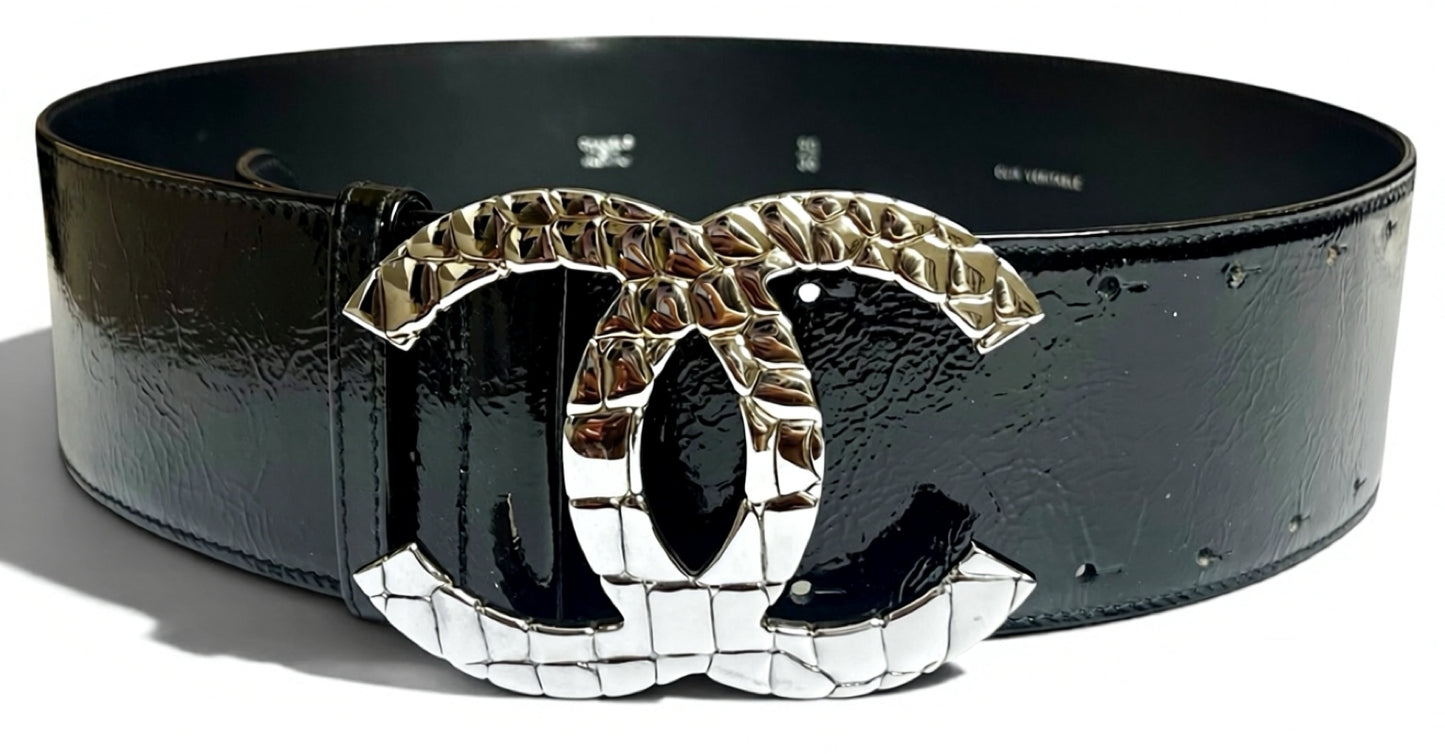 Chanel 07P Black Patent Silver Oversized CC Croc Embossed Logo Wide Belt Size 90/36