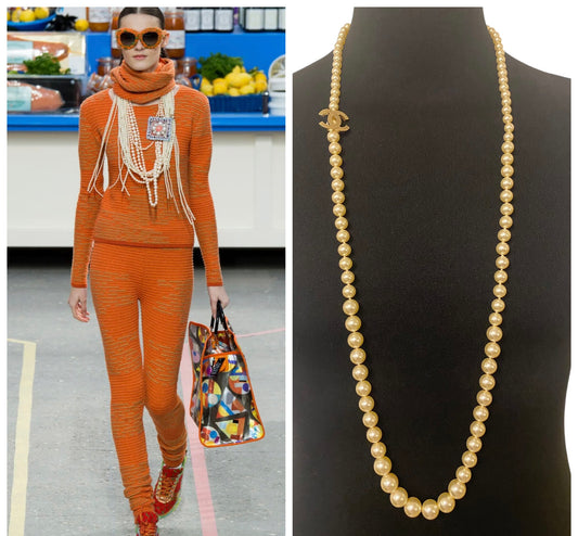 Chanel 14A Supermarket Collection Classic Pearl CC Long Strand Gold Tone Necklace
