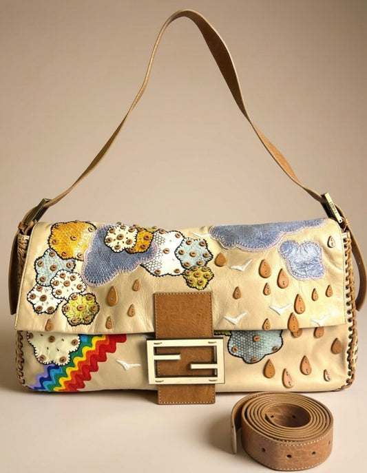 ULTRA RARE FENDI MAXI RAINBOW WHIPSTITCH EMBROIDERED 3WAY BAGUETTE BAG
