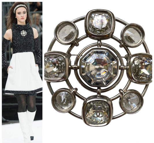 Chanel 17A Runway XL Round Swarovski Crystal Silver Brooch