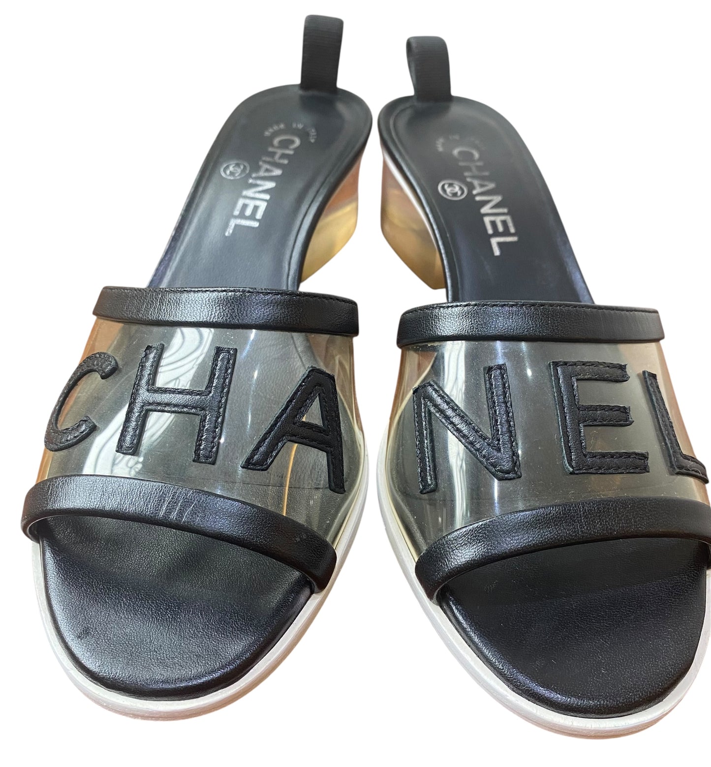 Chanel 19S Runway PVC Black Leather Letters Resin Block Heel Mule Slides EU 37.5C