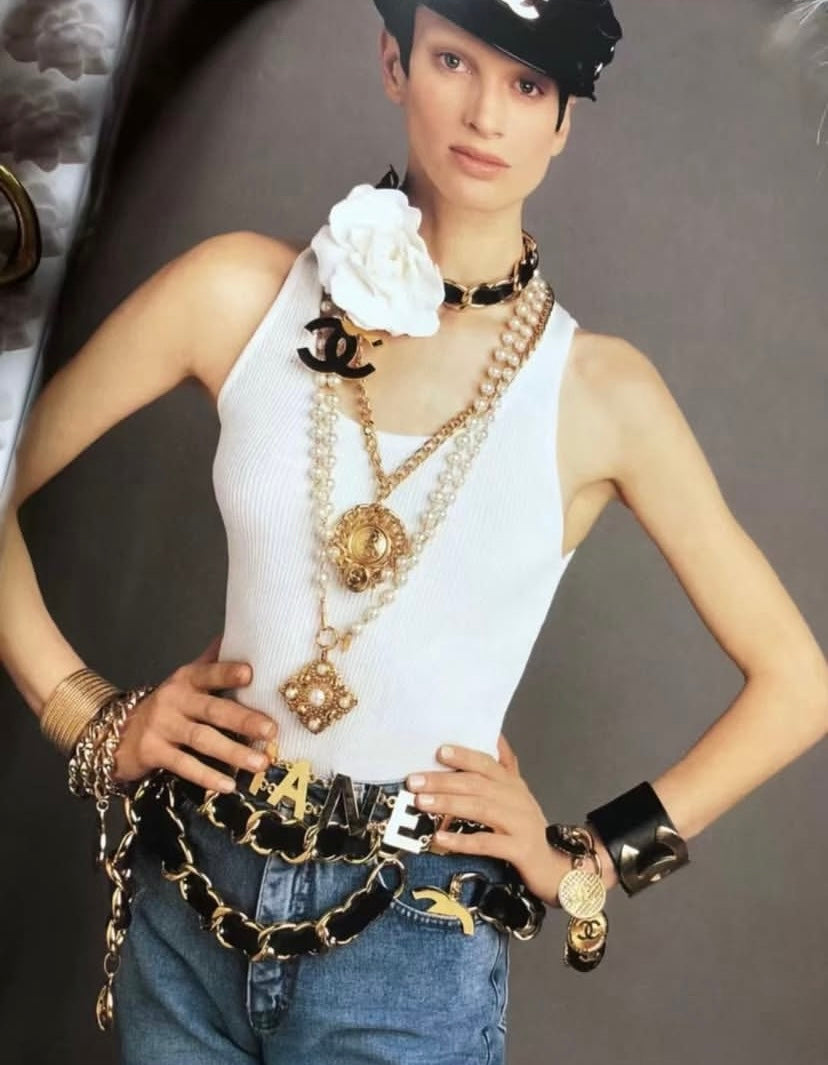 Iconic Vintage Chanel 93P Jumbo Gold Chain CC Logo Black Leather Belt Necklace
