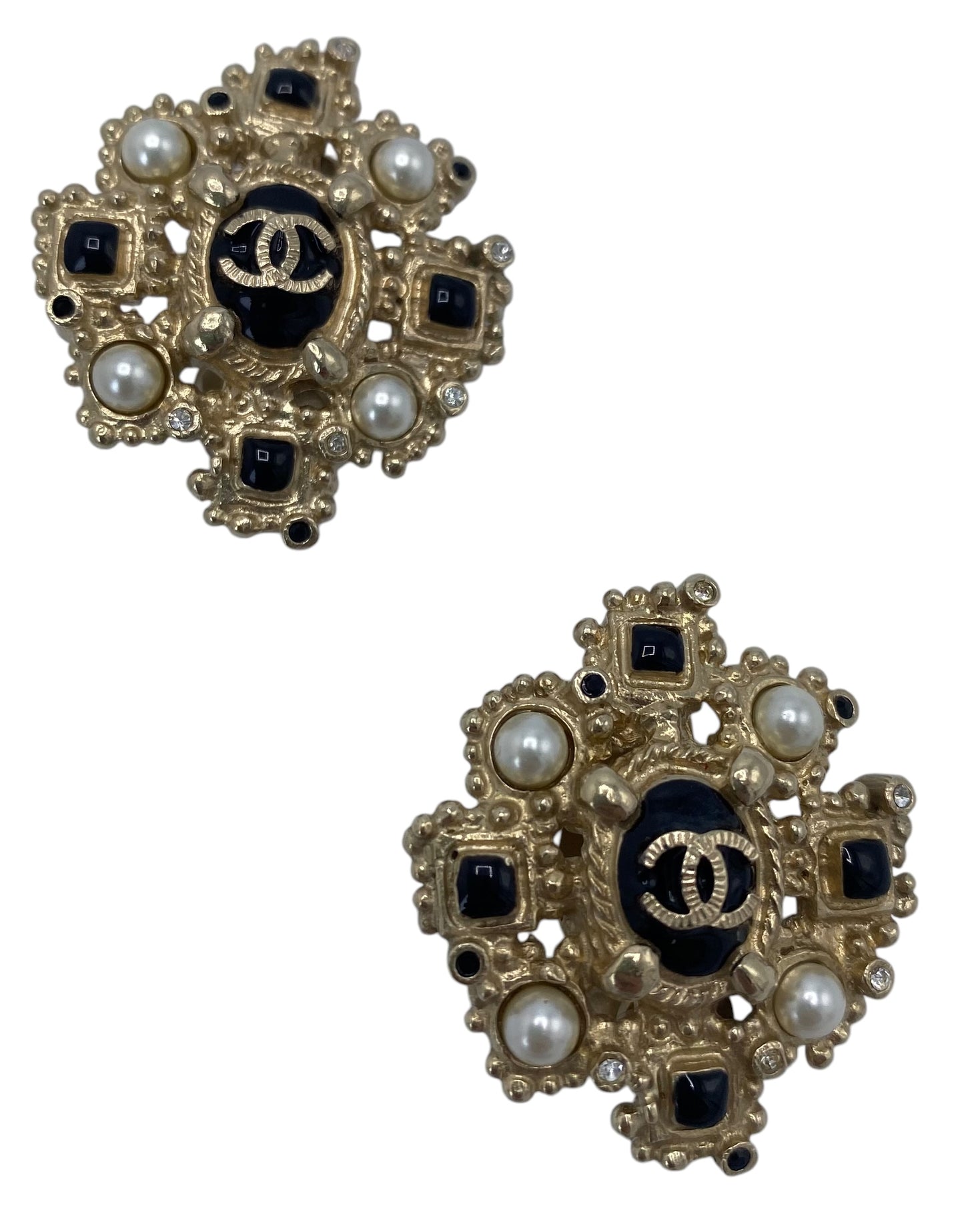Rare Chanel 12A Paris-Bombay Large Gold Black Pearl Crystal Clip On Earrings