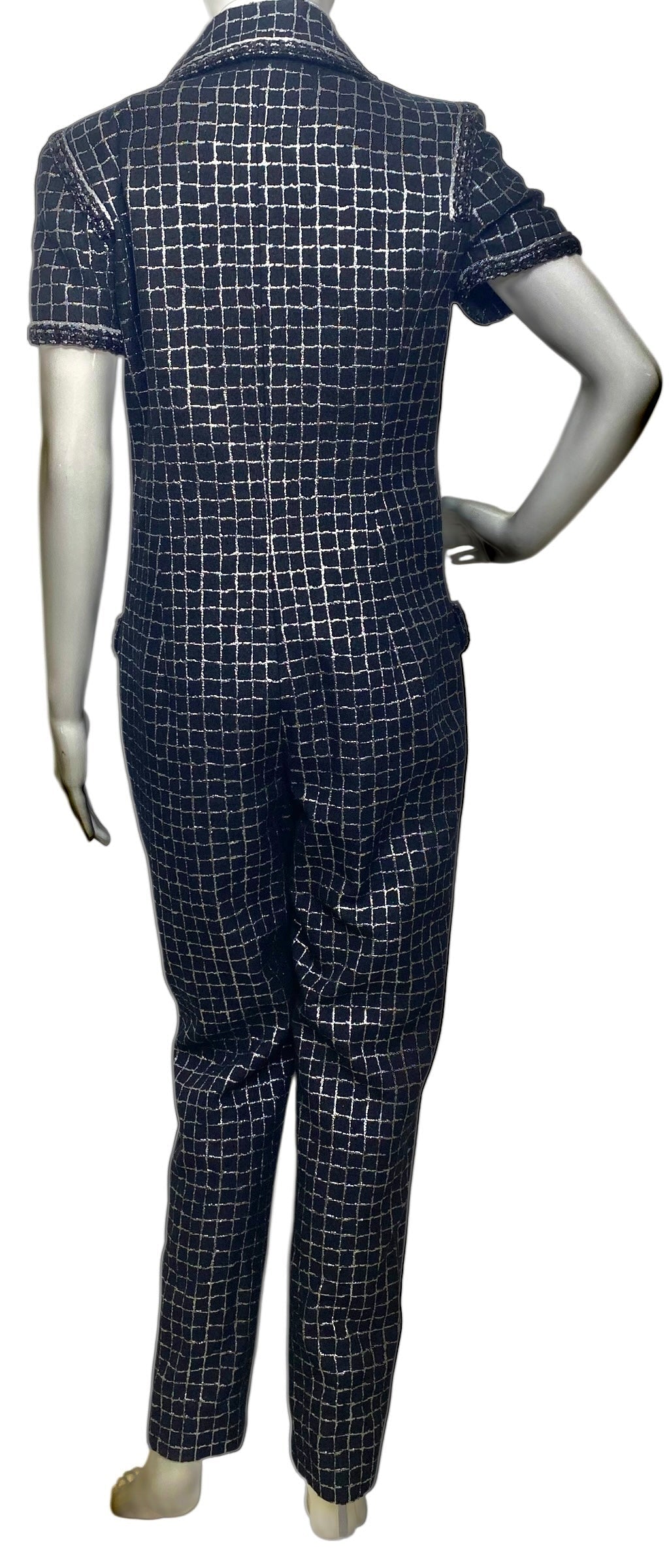 Chanel 20S Black Metallic Silver Iridescent One Piece Jumpsuit FR 38