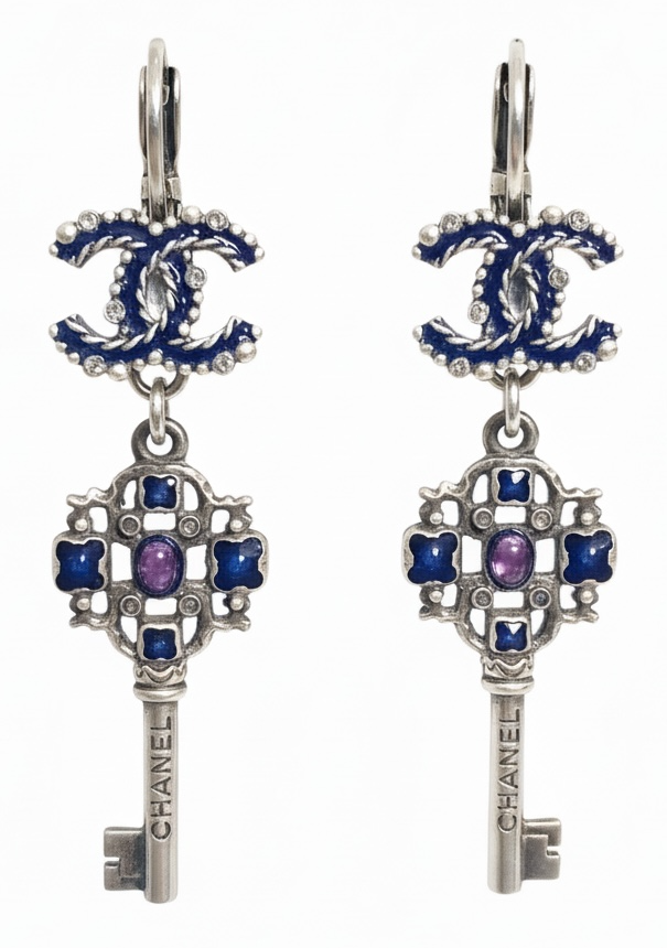Chanel 17A Ritz Cosmopolite CC Key Dangle Drop Silver Pierced Earrings