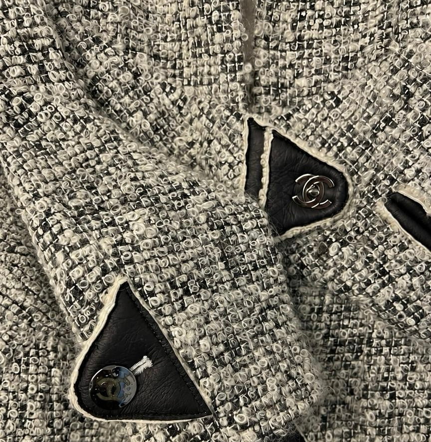 Chanel 10A Shanghai Shearling Tweed CC Grey Black Jacket Coat FR 36
