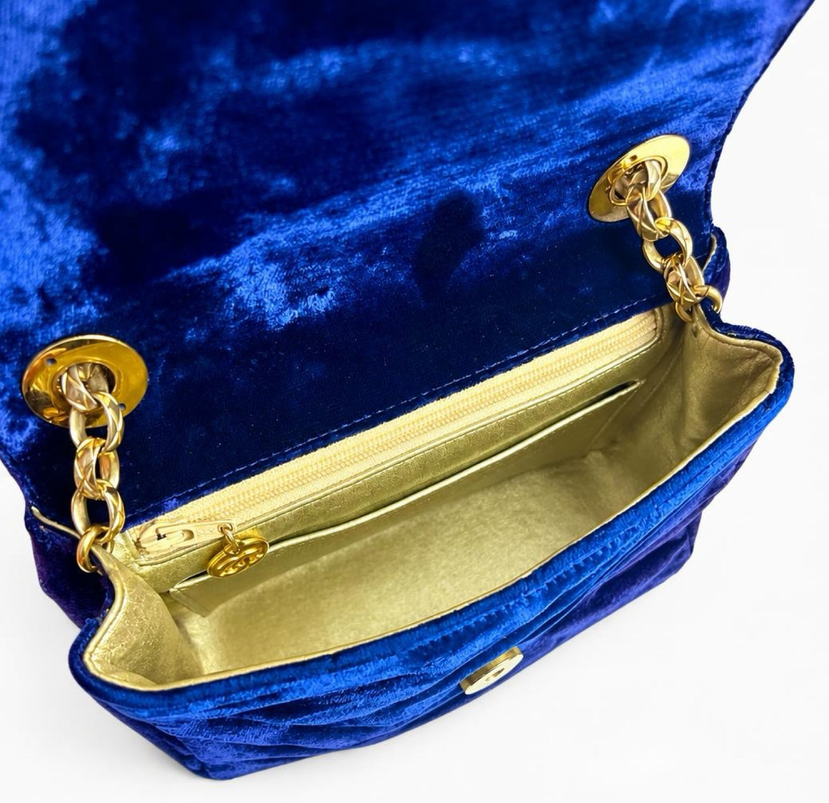 Vintage Chanel 1991-1994 Navy Blue Velvet Crystal 24K Bijoux Mini Square Chevron Classic Flap Bag