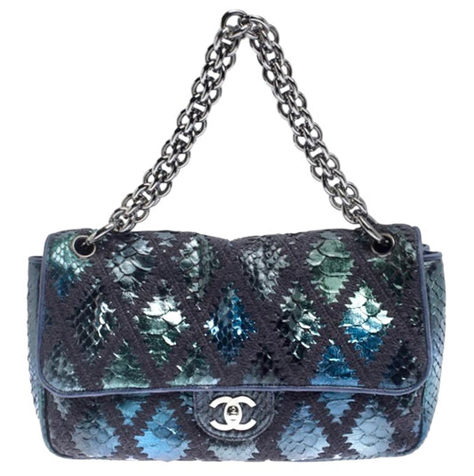 Chanel Metallic Blue & Green Python and Crochet Flap Bag