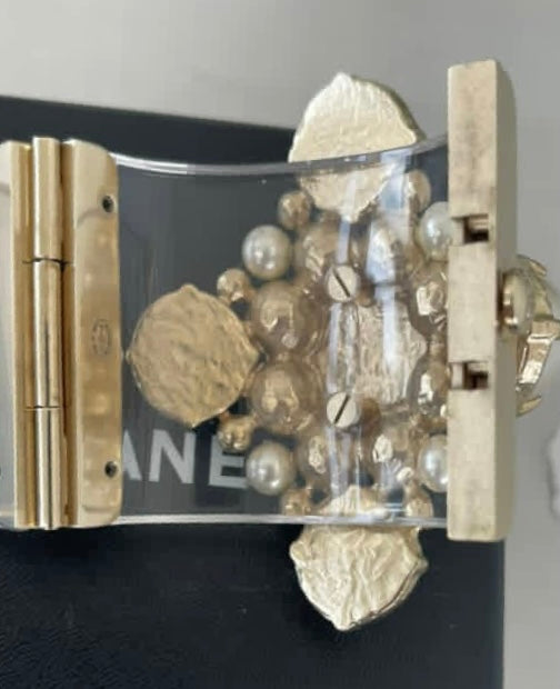 Rare Chanel 13S CC Pearl Medallion Clear Resin Cuff Bracelet
