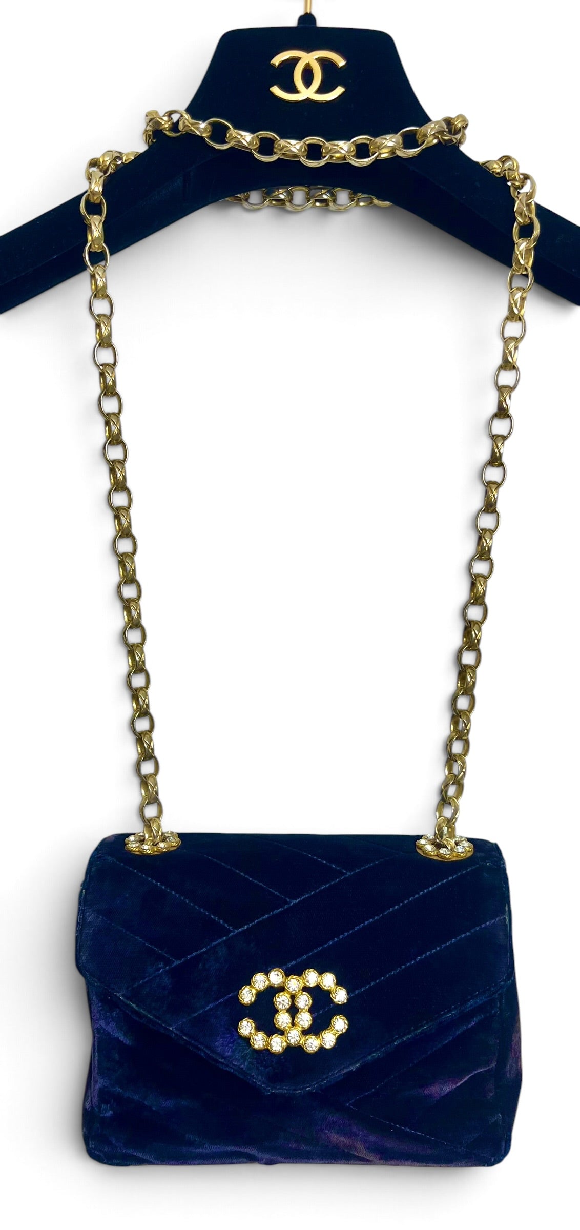 Vintage Chanel 1991-1994 Navy Blue Velvet Crystal 24K Bijoux Mini Square Chevron Classic Flap Bag