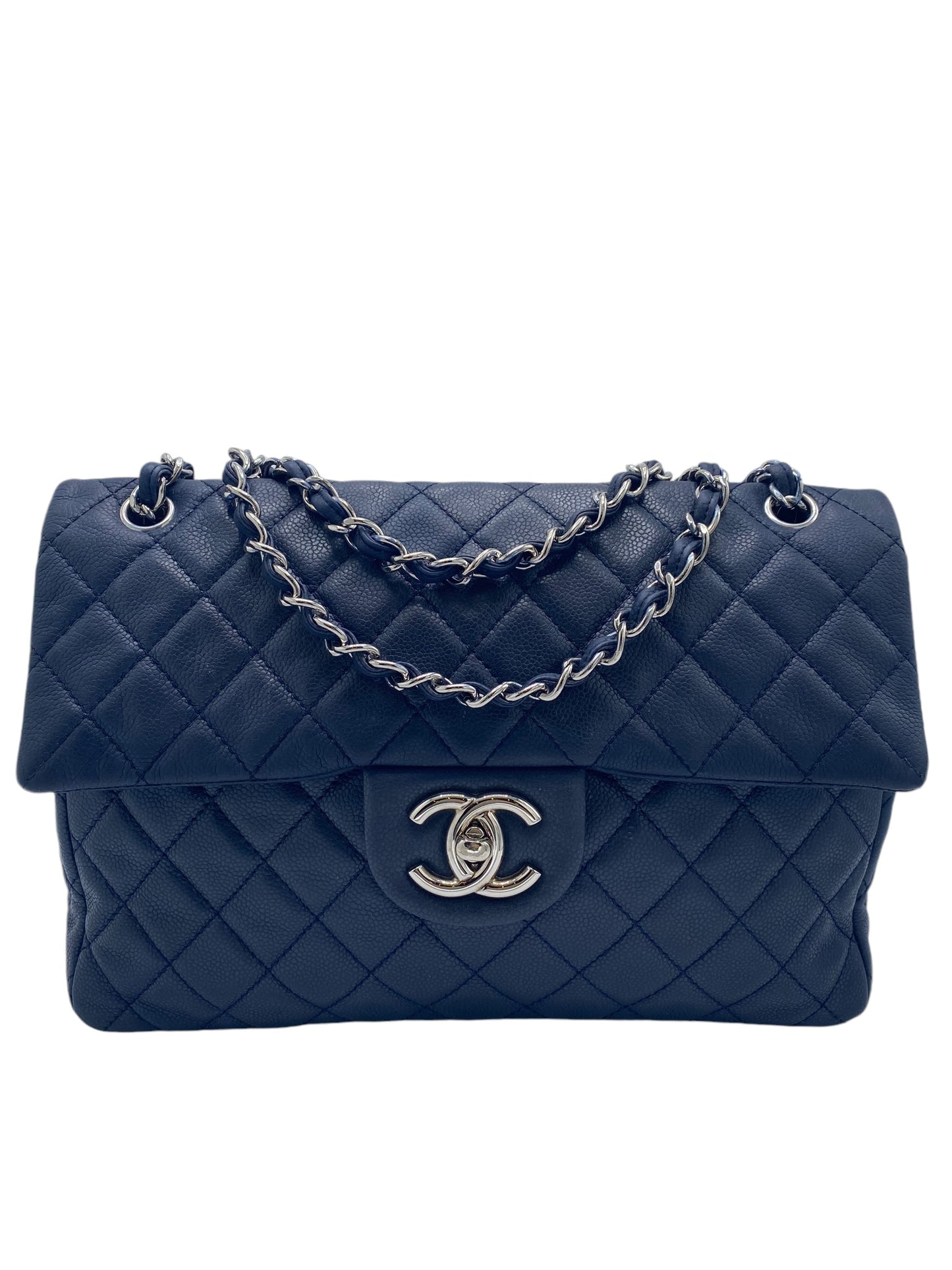 Chanel Navy Blue Soft Caviar Maxi Classic Flap Bag Silver Hardware SHW