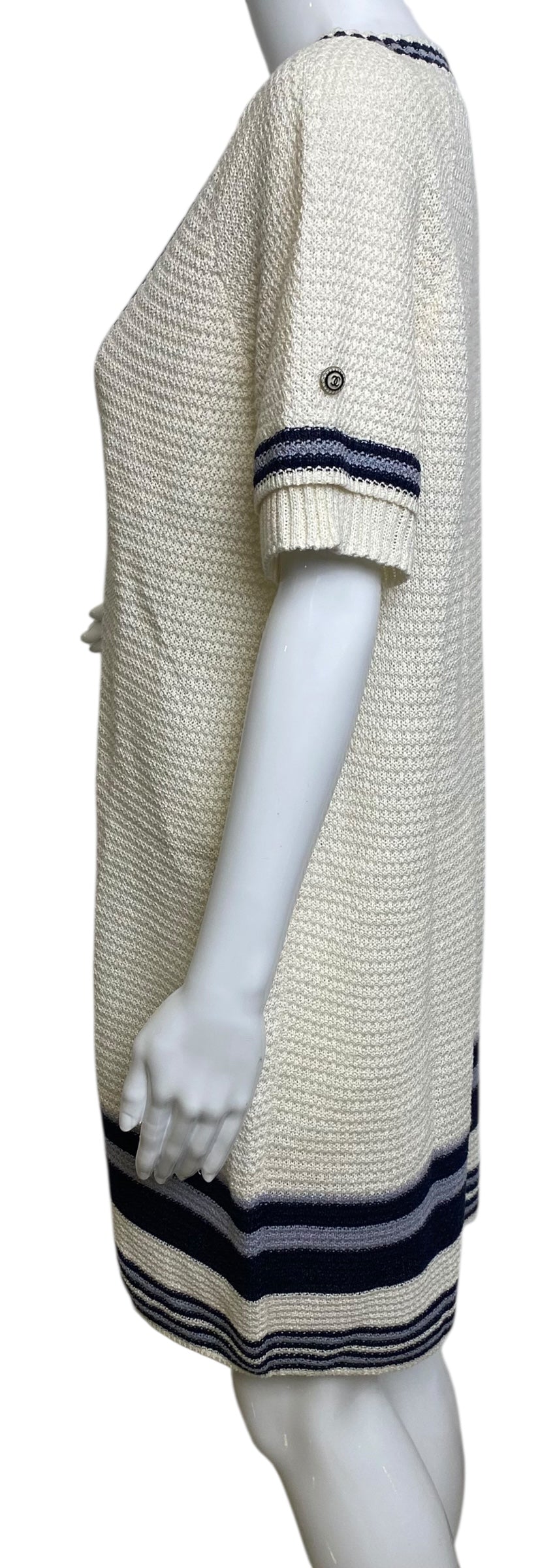 Chanel 14C Ecru Navy Black Varsity Knit Dress FR 44