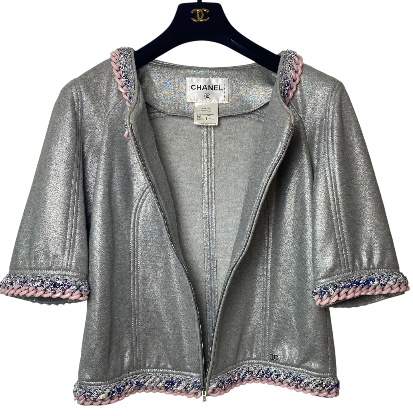 Chanel 2014 Supermarket Metallic Silver Grey Bomber Jacket Tweed and Lucite Pink Trim FR 38